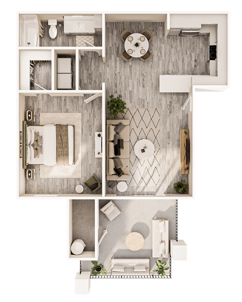 Floor plan for 1 bed, 1 bath, 729 sqft